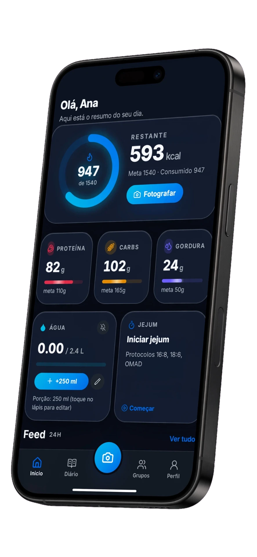 Aplicativo BeFitWay em modo escuro com anel de calorias e gráfico semanal